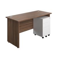 Panel Rectangular Desk + 3 Drawer Steel Pedestal Bundle 1400X600 Dark Walnut/White