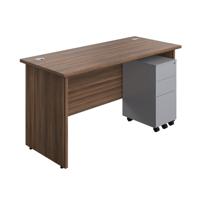 Panel Rectangular Desk + 3 Drawer Slimline Steel Pedestal Bundle 1400X600 Dark Walnut/Silver