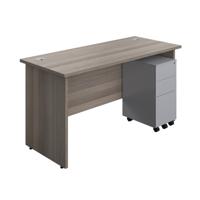 Panel Rectangular Desk + 3 Drawer Slimline Steel Pedestal Bundle 1400X600 Grey Oak/Silver