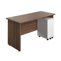 Panel Rectangular Desk + 3 Drawer Slimline Steel Pedestal Bundle 1400X600 Dark Walnut/White
