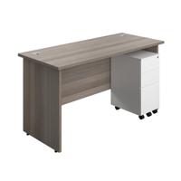 Panel Rectangular Desk + 3 Drawer Slimline Steel Pedestal Bundle 1400X600 Grey Oak/White