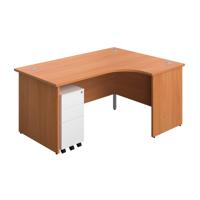 Panel Right Hand Radial Desk + 3 Drawer Slimline Steel Mobile Pedestal Bundle (FSC) 1600X1200 Beech/White