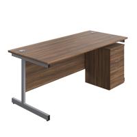 Single Upright Rectangular Desk + High Mobile Pedestal 3 Drawer (FSC) 1800 X 800 Dark Walnut/Silver