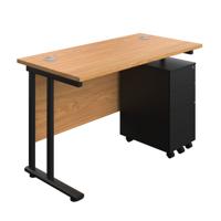 Twin Upright Rectangular Desk + Slimline Steel Pedestal 3 Drawers  1200X600 Nova Oak/Black
