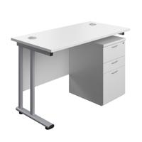 Twin Upright Rectangular Desk + High Mobile Pedestal 3 Drawer (FSC) 1200X600 White/Silver