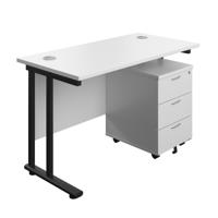 Twin Upright Rectangular Desk + Mobile 3 Drawer Pedestal (FSC) 1200X600 White/Black