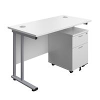 Twin Upright Rectangular Desk + Mobile 2 Drawer Pedestal (FSC) 1200X600 White/Silver