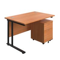 Twin Upright Rectangular Desk + Mobile 2 Drawer Pedestal (FSC) 1200X800 Beech/Black