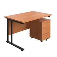 Twin Upright Rectangular Desk + Mobile 3 Drawer Pedestal (FSC) 1200X800 Beech/Black
