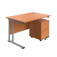 Twin Upright Rectangular Desk + Mobile 2 Drawer Pedestal (FSC) 1200X800 Beech/Silver