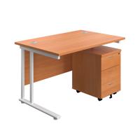 Twin Upright Rectangular Desk + Mobile 3 Drawer Pedestal  1200X800 Beech/White