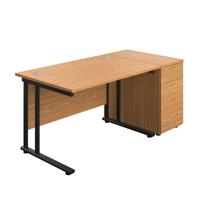 Twin Upright Rectangular Desk + Desk High 3 Drawer Pedestal (FSC) 1200X800 Nova Oak/Black