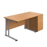 Twin Upright Rectangular Desk + Desk High 3 Drawer Pedestal (FSC) 1200X800 Nova Oak/Silver