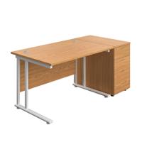 Twin Upright Rectangular Desk + Desk High 3 Drawer Pedestal  1200X800 Nova Oak/White
