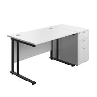 Twin Upright Rectangular Desk + Desk High 3 Drawer Pedestal  1200X800 White/Black