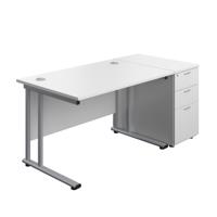 Twin Upright Rectangular Desk + Desk High 3 Drawer Pedestal  1200X800 White/Silver