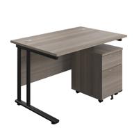 Twin Upright Rectangular Desk + Mobile 2 Drawer Pedestal (FSC) 1200X800 Grey Oak/Black