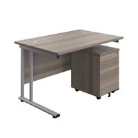 Twin Upright Rectangular Desk + Mobile 2 Drawer Pedestal (FSC) 1200X800 Grey Oak/Silver