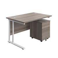 Twin Upright Rectangular Desk + Mobile 3 Drawer Pedestal  1200X800 Grey Oak/White