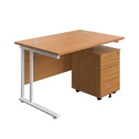 Twin Upright Rectangular Desk + Mobile 3 Drawer Pedestal  1200X800 Nova Oak/White