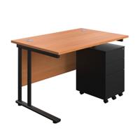 Twin Upright Rectangular Desk + Under Desk Steel Pedestal 3 Drawers (FSC) 1200X800 Beech/Black