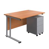 Twin Upright Rectangular Desk + Under Desk Steel Pedestal 3 Drawers (FSC) 1200X800 Beech/Silver