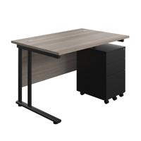 Twin Upright Rectangular Desk + Under Desk Steel Pedestal 3 Drawers (FSC) 1200X800 Grey Oak/Black