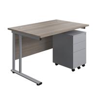 Twin Upright Rectangular Desk + Under Desk Steel Pedestal 3 Drawers (FSC) 1200X800 Grey Oak/Silver