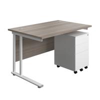 Twin Upright Rectangular Desk + Under Desk Steel Pedestal 3 Drawers  1200X800 Grey Oak/White