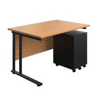 Twin Upright Rectangular Desk + Under Desk Steel Pedestal 3 Drawers (FSC) 1200X800 Nova Oak/Black