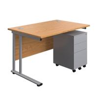 Twin Upright Rectangular Desk + Under Desk Steel Pedestal 3 Drawers (FSC) 1200X800 Nova Oak/Silver