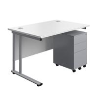 Twin Upright Rectangular Desk + Under Desk Steel Pedestal 3 Drawers (FSC) 1200X800 White/Silver