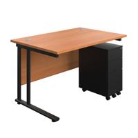 Twin Upright Rectangular Desk + Slimline Steel Pedestal 3 Drawers (FSC) 1200X800 Beech/Black