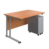Twin Upright Rectangular Desk + Slimline Steel Pedestal 3 Drawers (FSC) 1200X800 Beech/Silver