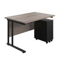 Twin Upright Rectangular Desk + Slimline Steel Pedestal 3 Drawers (FSC) 1200X800 Grey Oak/Black