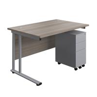 Twin Upright Rectangular Desk + Slimline Steel Pedestal 3 Drawers  1200X800 Grey Oak/Silver