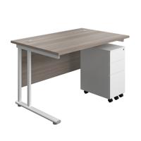 Twin Upright Rectangular Desk + Slimline Steel Pedestal 3 Drawers  1200X800 Grey Oak/White