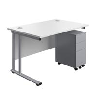 Twin Upright Rectangular Desk + Slimline Steel Pedestal 3 Drawers  1200X800 White/Silver