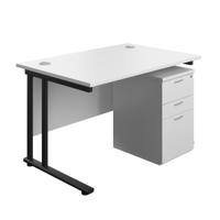 Twin Upright Rectangular Desk + High Mobile Pedestal 3 Drawer  1200X800 White/Black