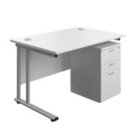 Twin Upright Rectangular Desk + High Mobile Pedestal 3 Drawer  1200X800 White/Silver