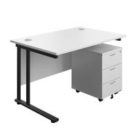 Twin Upright Rectangular Desk + Mobile 3 Drawer Pedestal  1200X800 White/Black