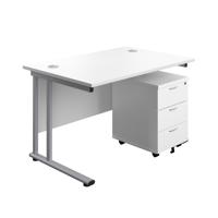 Twin Upright Rectangular Desk + Mobile 3 Drawer Pedestal  1200X800 White/Silver