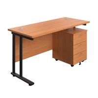 Twin Upright Rectangular Desk + Mobile 3 Drawer Pedestal  1400X600 Beech/Black