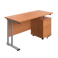 Twin Upright Rectangular Desk + Mobile 2 Drawer Pedestal  1400X600 Beech/Silver