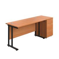 Twin Upright Rectangular Desk + Desk High 3 Drawer Pedestal  1400X600 Beech/Black