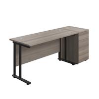 Twin Upright Rectangular Desk + Desk High 3 Drawer Pedestal  1400X600 Grey Oak/Black