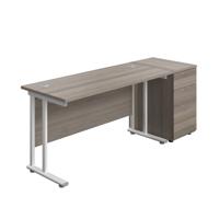 Twin Upright Rectangular Desk + Desk High 3 Drawer Pedestal  1400X600 Grey Oak/White
