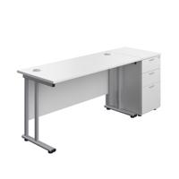Twin Upright Rectangular Desk + Desk High 3 Drawer Pedestal  1400X600 White/Silver