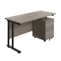 Twin Upright Rectangular Desk + Mobile 2 Drawer Pedestal  1400X600 Grey Oak/Black