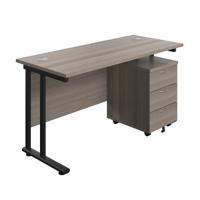 Twin Upright Rectangular Desk + Mobile 3 Drawer Pedestal  1400X600 Grey Oak/Black